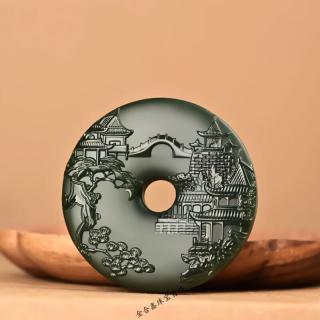 子龙精雕和田玉风景吊坠青玉细料山水牌小桥流水平安扣挂件玉佩
